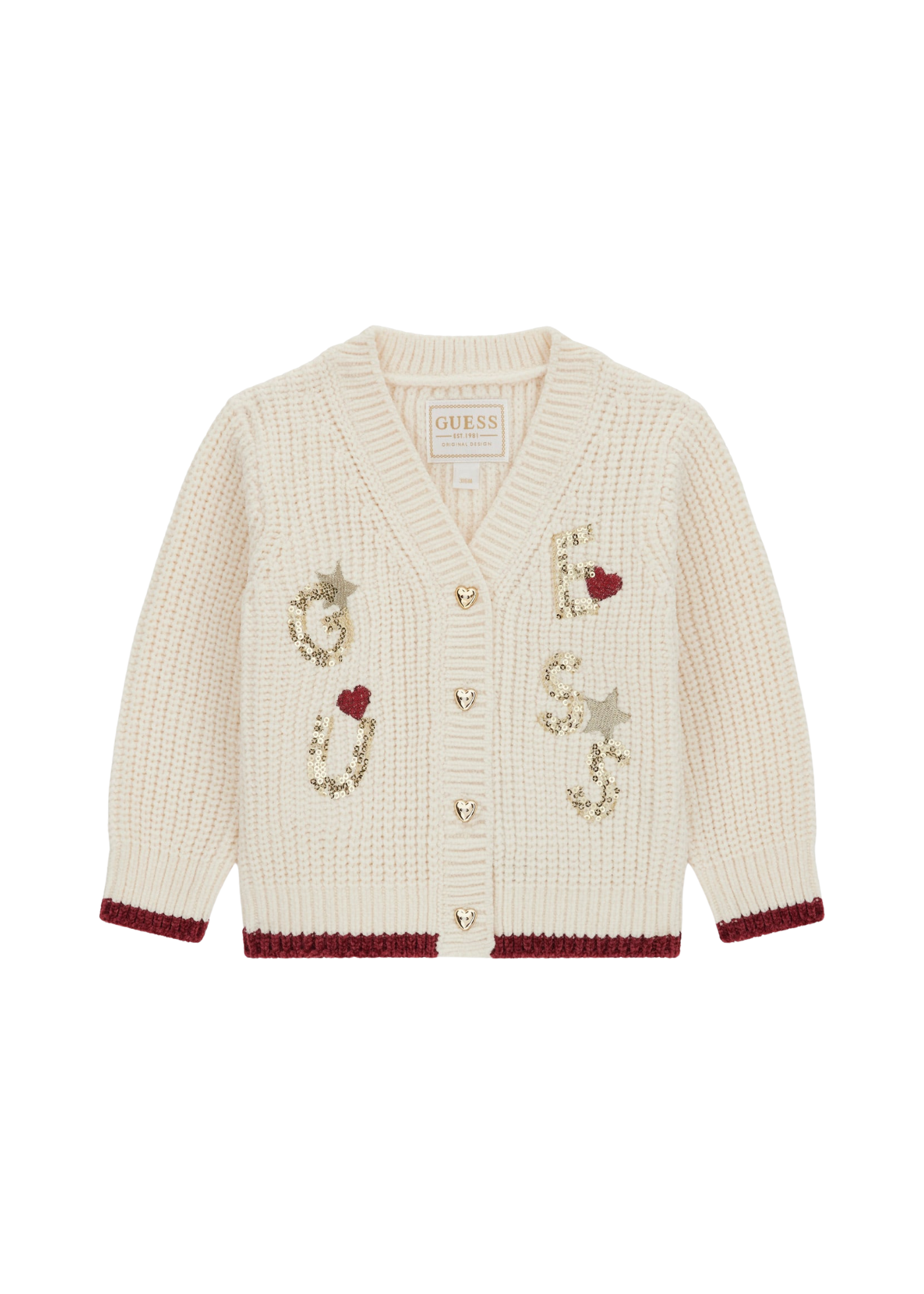 Cardigan Tricotat Crem cu Nasturi Inima Aurii si Paiete A5BR00 Z3OC0 G012 Guess