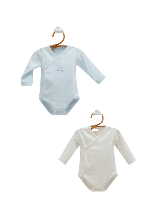 Set 2 Body cu Maneca Lunga din Bumbac Perforat Crem cu Bleu cu Norisor BK1551 Mell Sweet Baby
