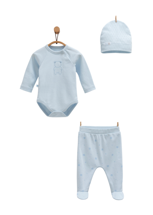 Set 3 Piese Body cu Maneca Lunga, Pantaloni Lungi cu Picior si Fes Bleu cu Imprimeu Ursi BPS1468 Mell Sweet Baby