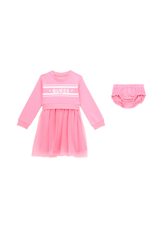 Rochie Roz cu Maneca Lunga Combinata cu Tulle K5YK01 KB8R0 G6N3 Guess