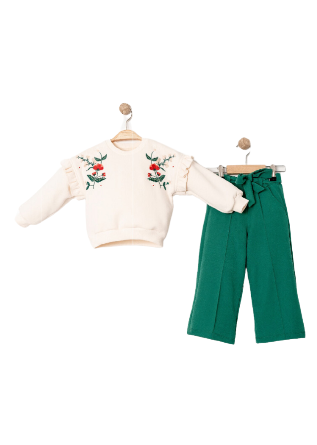 Set 2 Piese Bluza Bej cu Broderie Flori si Pantaloni Stofa Verde 15453 Bebus