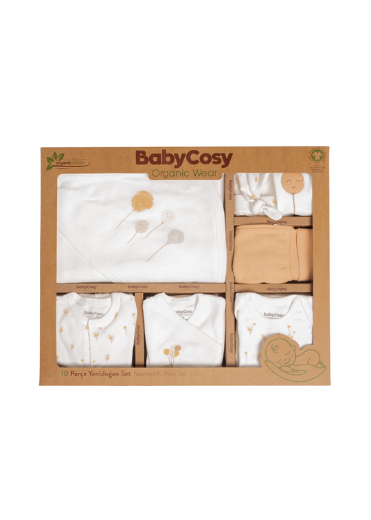 Set 10 Piese Maternitate din Bumbac Organic Crem cu Baloane Portocalii CSY3066 Baby Cosy