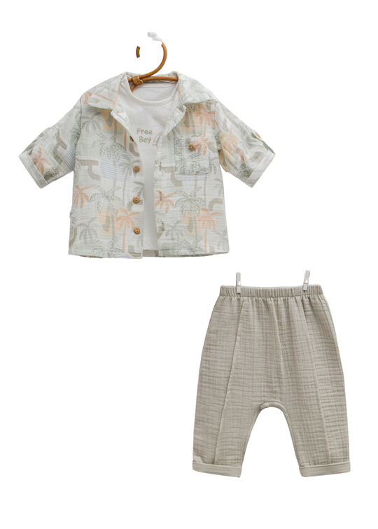 Set 3 Piese Muselina Verde Camasa Imprimeu Tropical Pantaloni Lungi si Maieu Free Boy TKE1728 Mell Sweet Baby