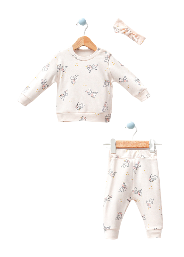 Set 2 Piese Bluza si Pantaloni Crem cu Unicorni 7011 Bubbles