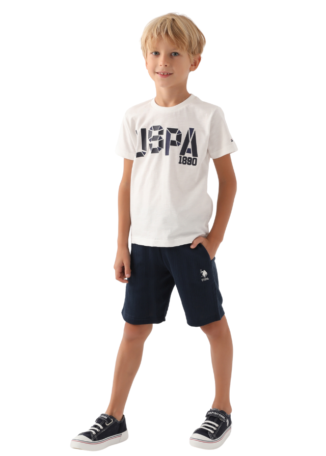 Set 2 Piese Tricou Ivory cu Logo si Paantaloni Scurti Bleumarin US1727-4 V1 Us Polo Assn