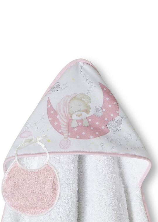 Prosop cu Capison 100x100 cm si Bavetica Alb Roz cu Ursulet pe Semiluna 01225-12 Interbaby