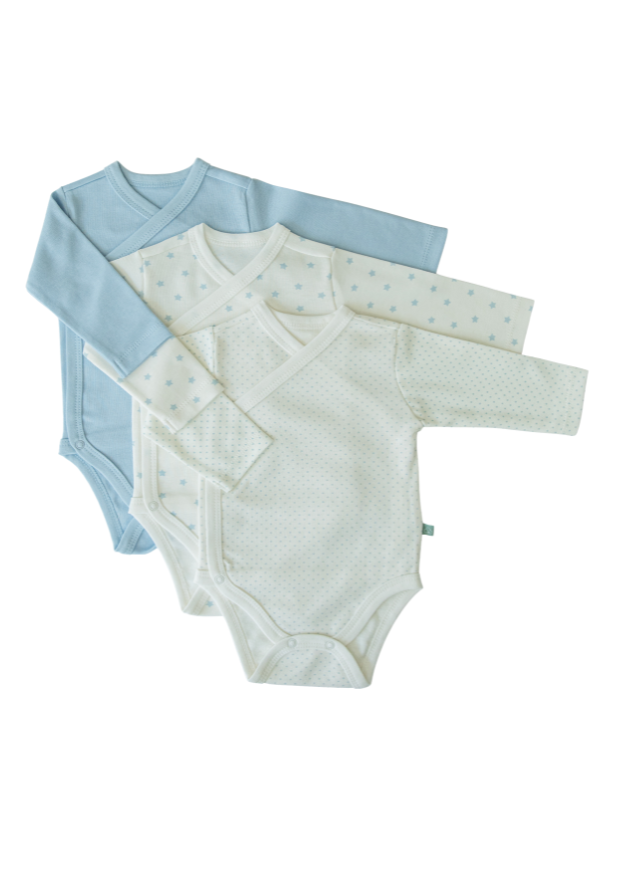 Set 3 Body cu Maneca Lunga din Bumbac Organic Crem cu Bleu cu Stele si Picouri S43521 KitiKate