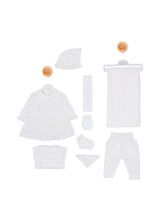 Set 5 Piese Nou Nascut Rochie Tricotata Alb 3110 Leo King