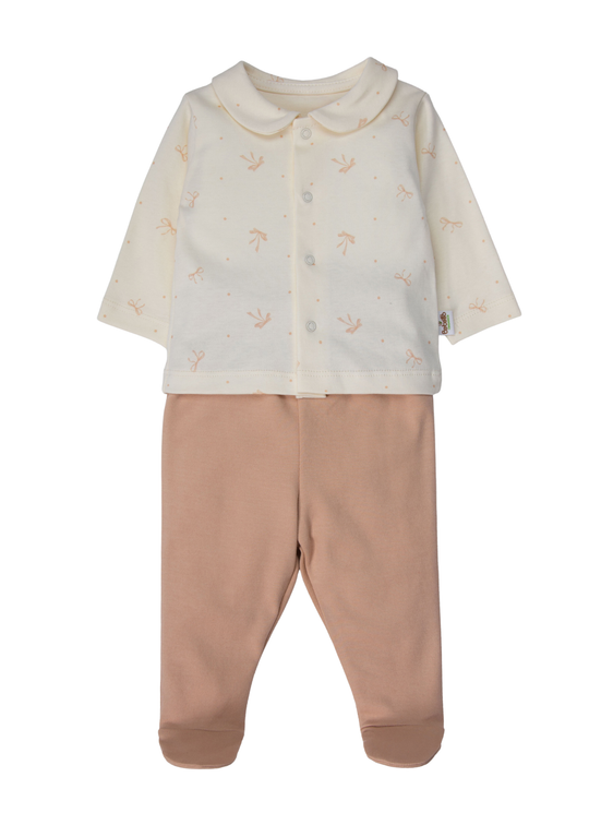 Set de 2 Piese din Bumbac Organic, cu Bluzita cu Guler si Fundite si Pantaloni cu Botosei Bej F1531 – Bebetto