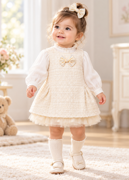 Set 3 Piese Sarafan din Stofa Buclé Crem cu Funda si Camasa Alba cu Guler Volan 3900 – MinoBaby