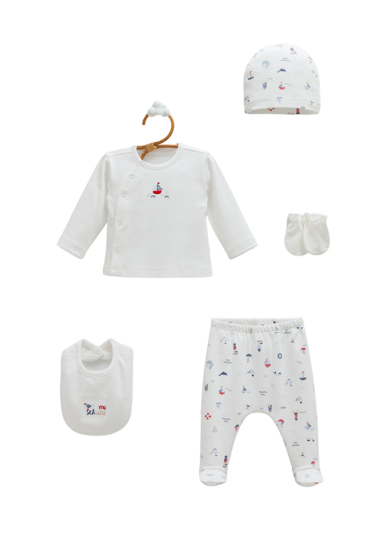 Set 5 Piese Nou Nascut Crem cu Imprimeu Marinaresc ZE2451 Mell Sweet Baby