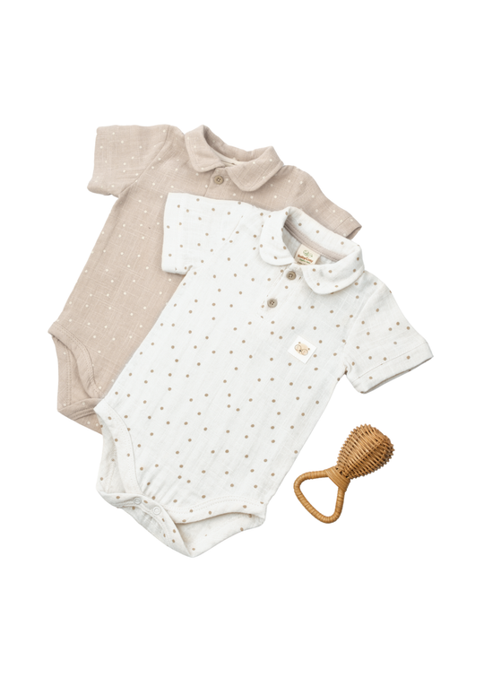 Set 2 Body Maneca Scurta Muselina Bej cu Crem Picouri CSYM7100 Baby Cosy