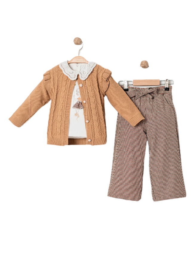 Set 3 Piese Cardigan Tricotat Maro Bluza Crem cu Guler Brodat si Pantaloni Pepit Maro 15477 Bebus