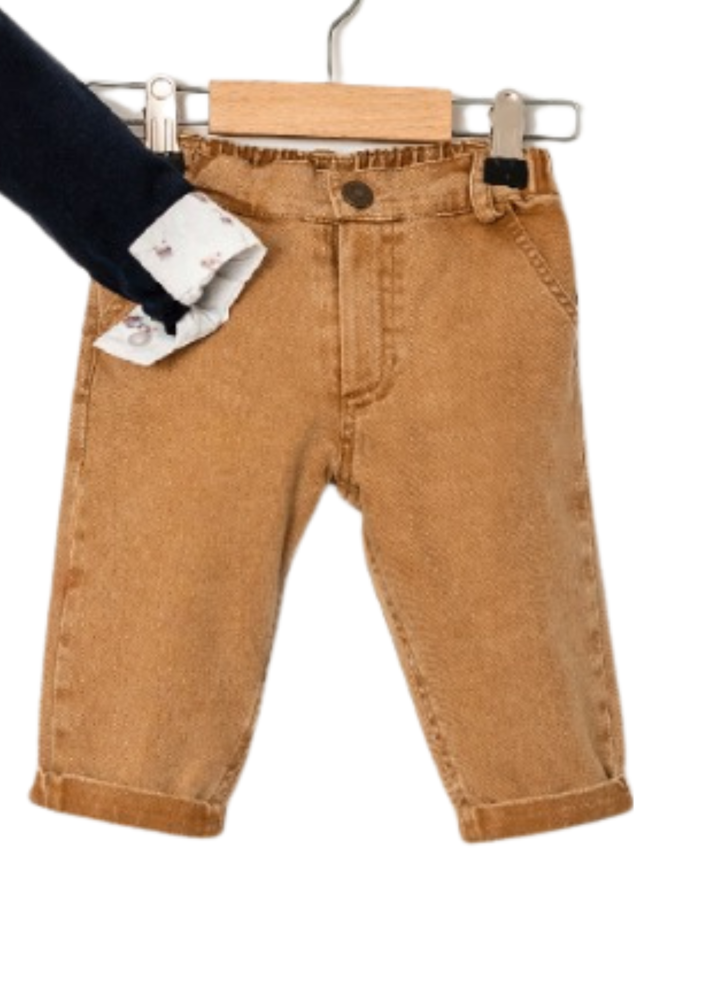 Set 3 Piese Pulover Bleumarin cu Urs Camasa Alba Imprimeu Ursi si Pantaloni Lungi Bej 15055 Bebus