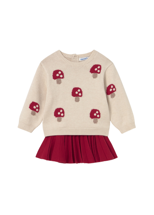 Set 2 Piese Tricotat Pulover Bej cu Ciuperci si Fusta Plisata Rosie 2925 Mayoral