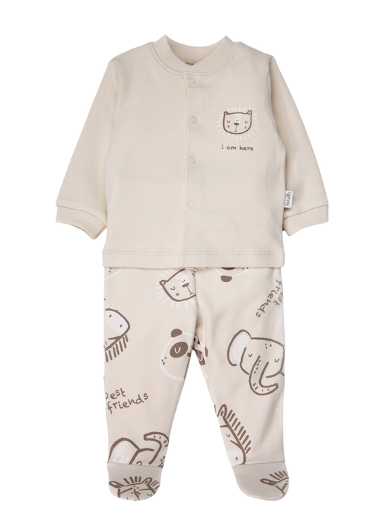 Set de Pijama din 2 Piese din Bumbac Bej, cu Leu Brodat si Pantaloni cu Botosei Best Friends F1536 – Bebetto