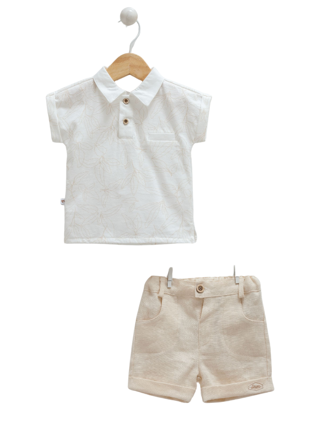 Set 2 Piese Tricou polo cu Imprimeu Bej si Pantaloni Scurti Bej din Bumbac 9780 Mell Sweet Baby - Camera Bebelusului