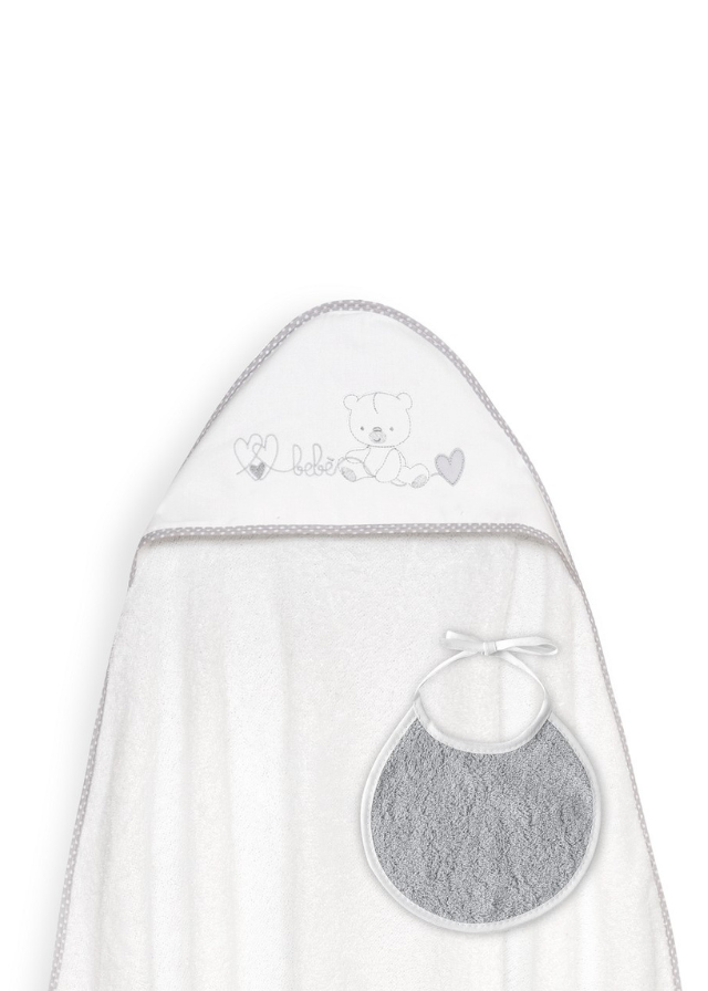 Prosop cu Capison 100x100 cm si Bavetica Alb-Gri cu Ursulet si Inimioare 01249-18 Interbaby