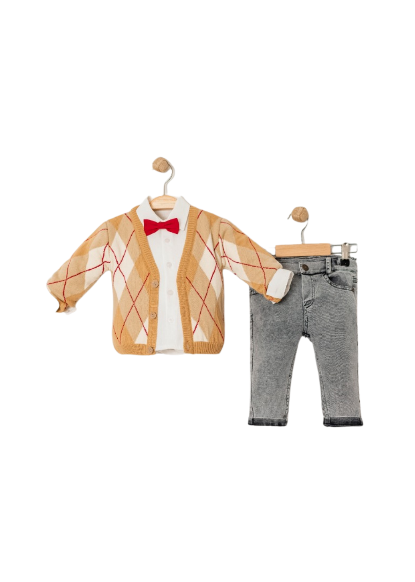 Set 3 Piese Cardigan Bej Carouri cu Rosu Camasa Alba Pantaloni Denim Gri 15043 Bebus