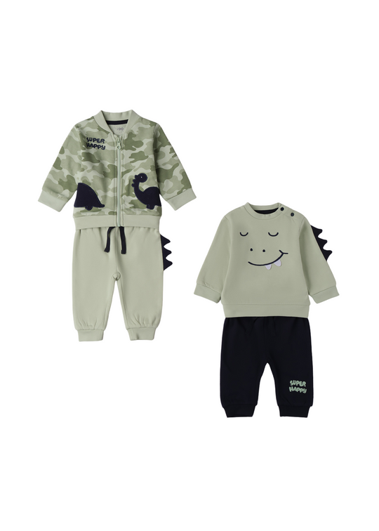 Set 4 Piese, 2 Hanorace si 2 Perechi de Pantaloni Sport Verde cu Bleumarin cu Dinozaur 4.F010/00 iDO