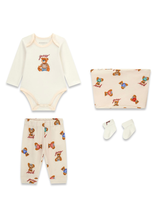 Set 4 Piese Body, Pantaloni, Sosete si Portfard Crem cu Ursuleti H6YG08 – Guess