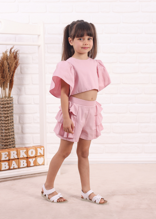 Set 2 Piese Roz Pudra Top Scurt cu Maneci Largi si Pantaloni Scurti cu Volane 779 Connie Baby