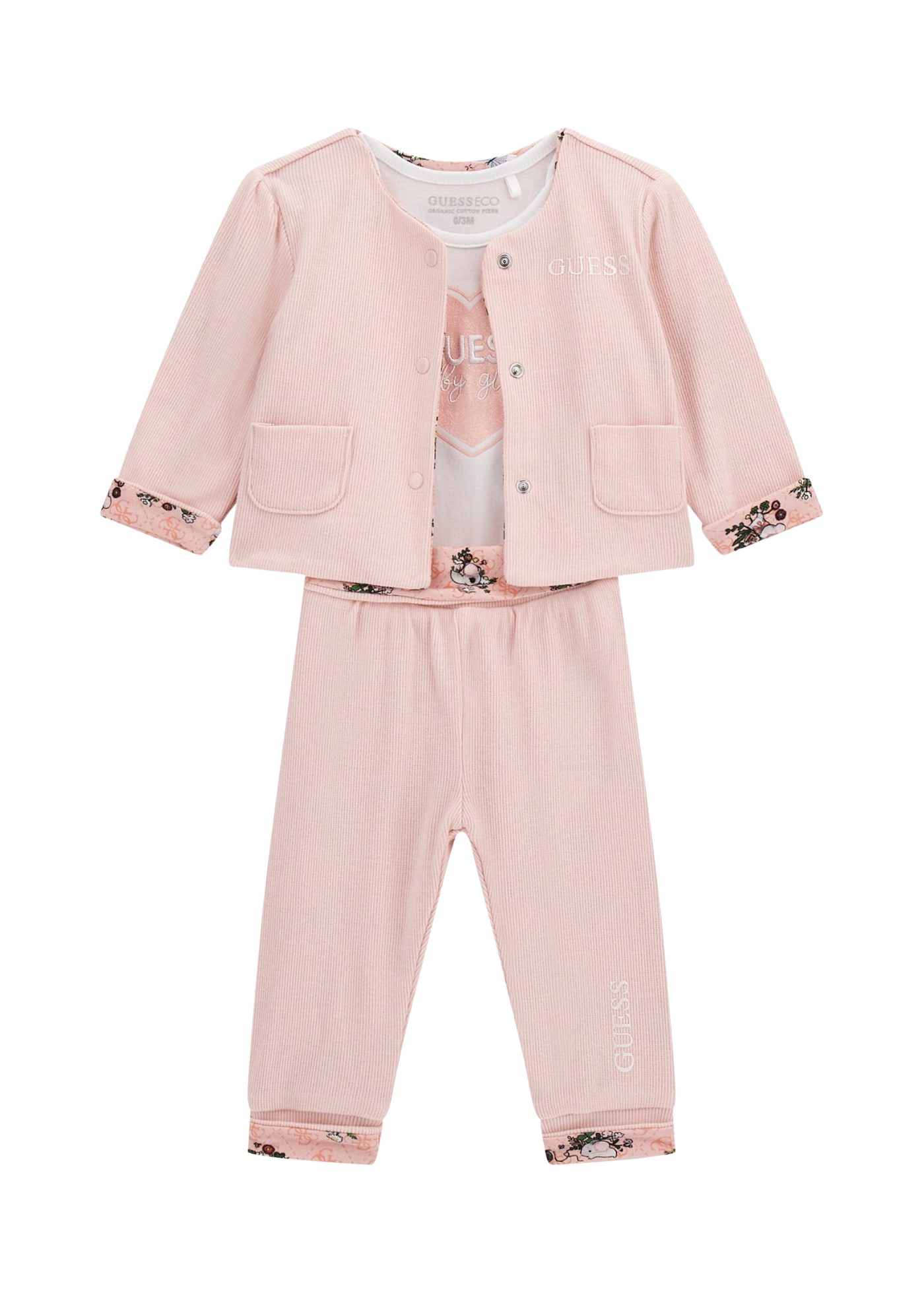 Set 3 Piese Jacheta si Pantaloni Lungi Roz si Body Alb cu Maneca Scurta S5YG04 KBZP4 G6R1 Guess