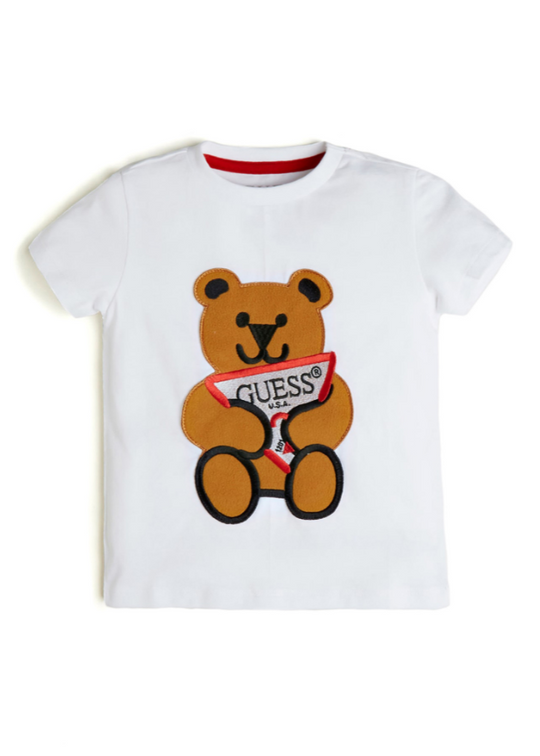 White Short Sleeve T-Shirt with Big Bear and Logo N0BI22 Guess