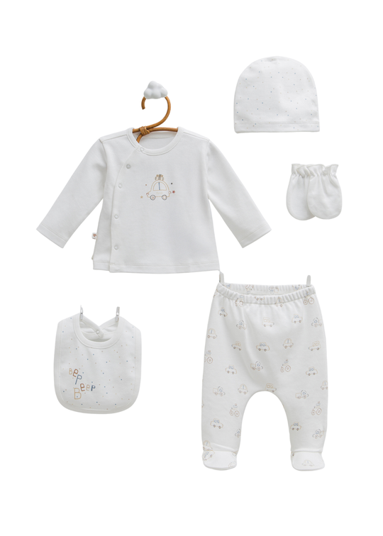 Set 5 Piese Nou Nascut Crem cu Masini First Car ZE2215 Mell Sweet Baby