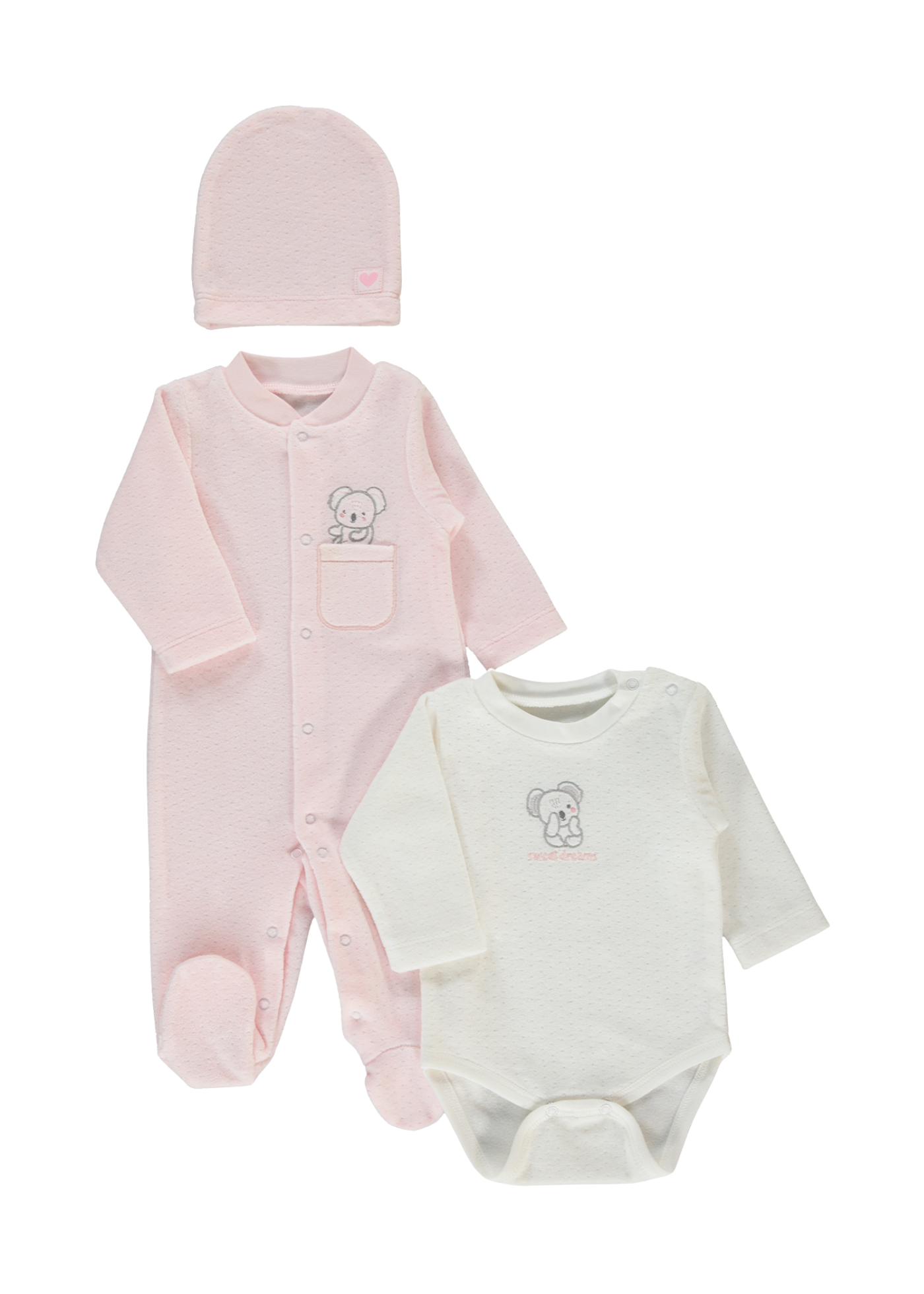 Set 3 Piese Velur Salopeta Lunga si Fes Roz si Body Maneca Lunga Crem cu Koala Z1066 Bebetto