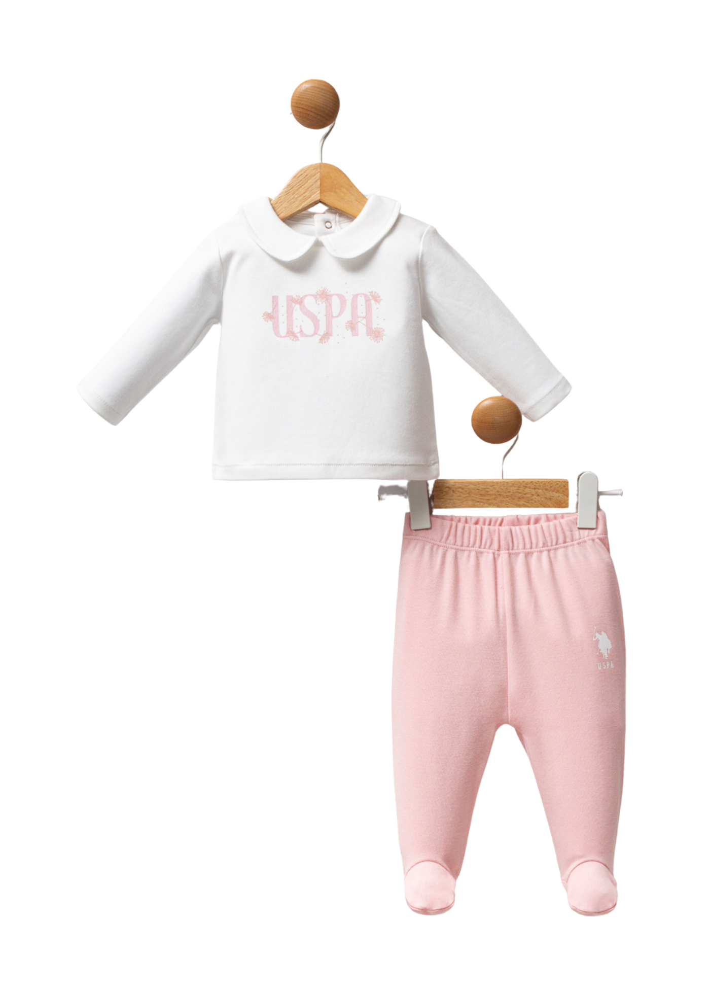 Set 2 Piese Bluza Alba cu Guler si Pantaloni Lungi Roz cu Picior USB2702 Us Polo Assn