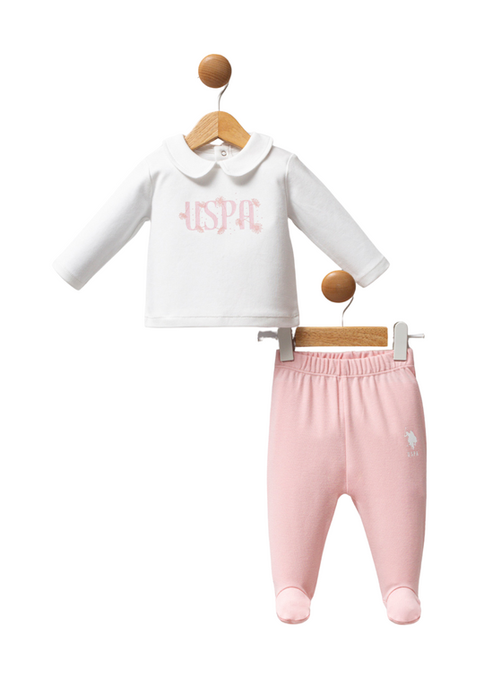 Set 2 Piese Bluza Alba cu Guler si Pantaloni Lungi Roz cu Picior USB2702 Us Polo Assn