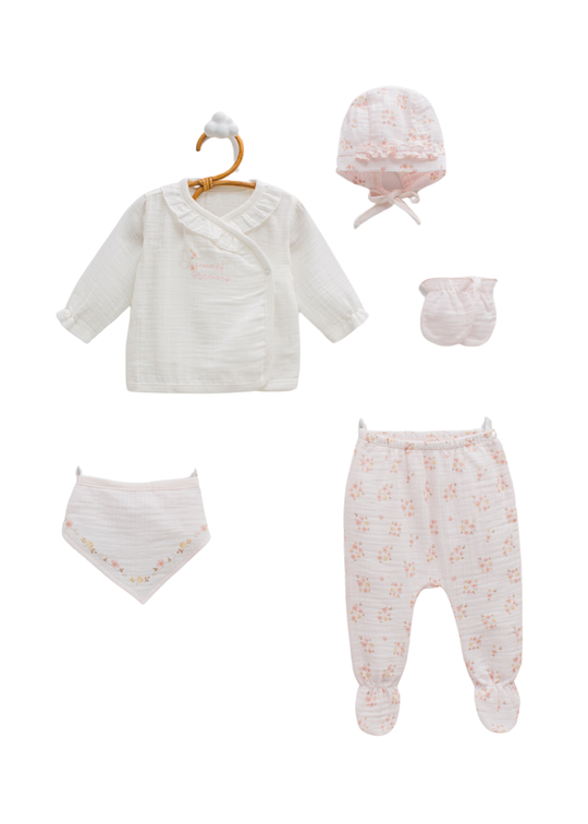 Set 5 Piese Nou Nascut Muselina Roz cu Flori ZK2422 Mell Sweet Baby