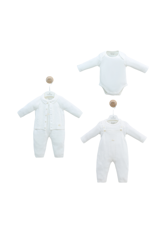 Set 3 Piese Salopeta Lunga si Cardigan Tricotat Alb si Body din Bumbac 7457 Leo King