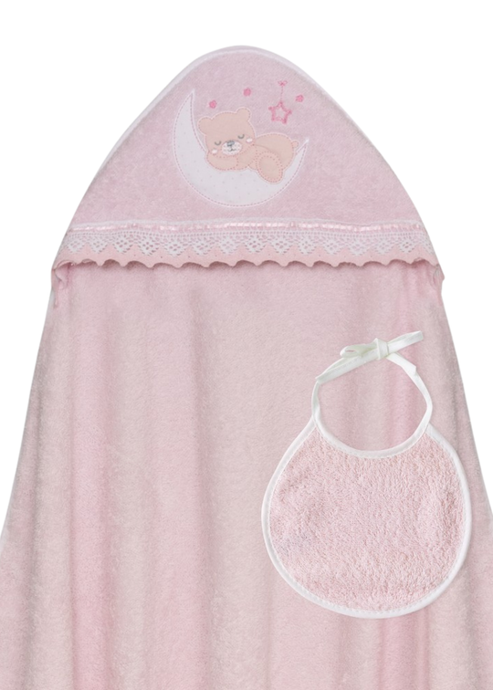 Prosop cu Capison 100x100 cm si Bavetica Roz cu Ursulet pe Semiluna 01248-02 InterBaby
