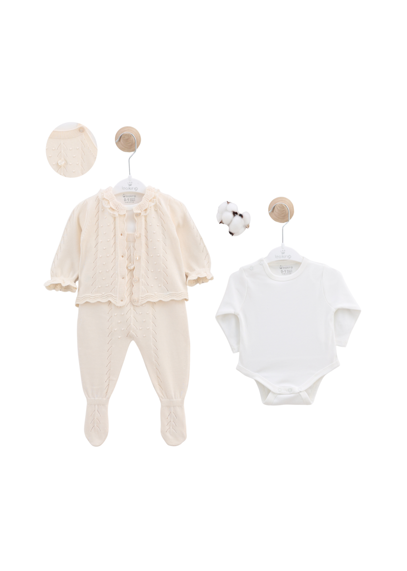 Set 3 Piese Salopeta Lunga Tricotata si Cardigan Bej Body Bumbac Alb 7446 Leo King