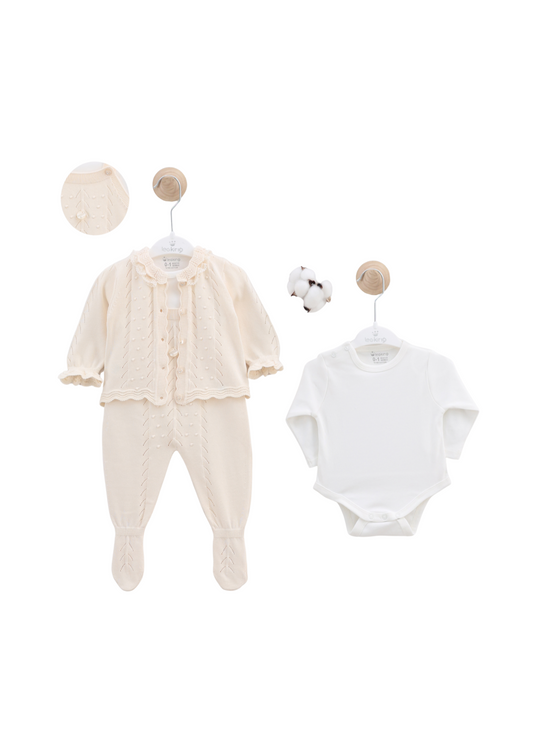 Set 3 Piese Salopeta Lunga Tricotata si Cardigan Bej Body Bumbac Alb 7446 Leo King