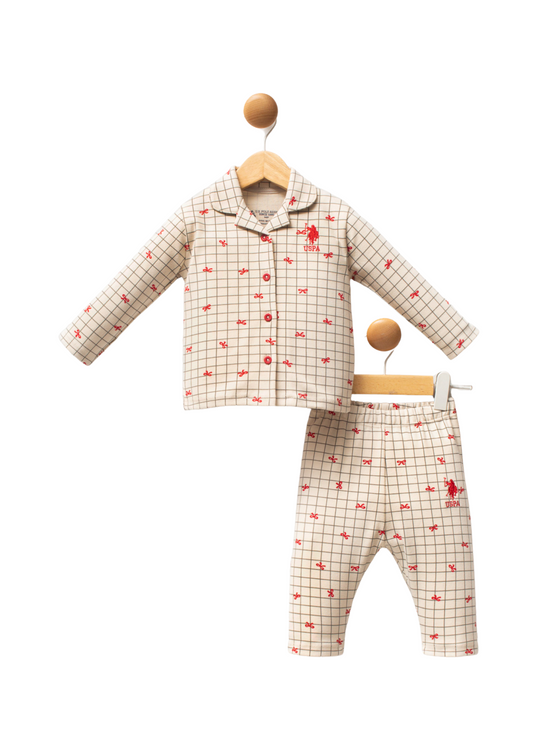 Pijama 2 Piese Bej cu Imprimeu Fundite Rosii USB2728 Us Polo Assn