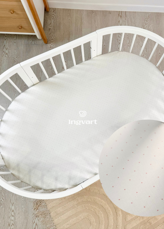 White sheet with pink picots for small oval Boho crib � 70x90 cm