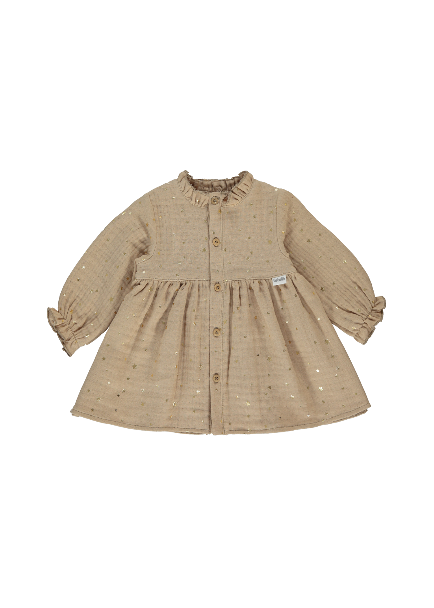 Rochie din Muselina Bej cu Maneca Lunga cu Nasturi si Stele K4897 Bebetto