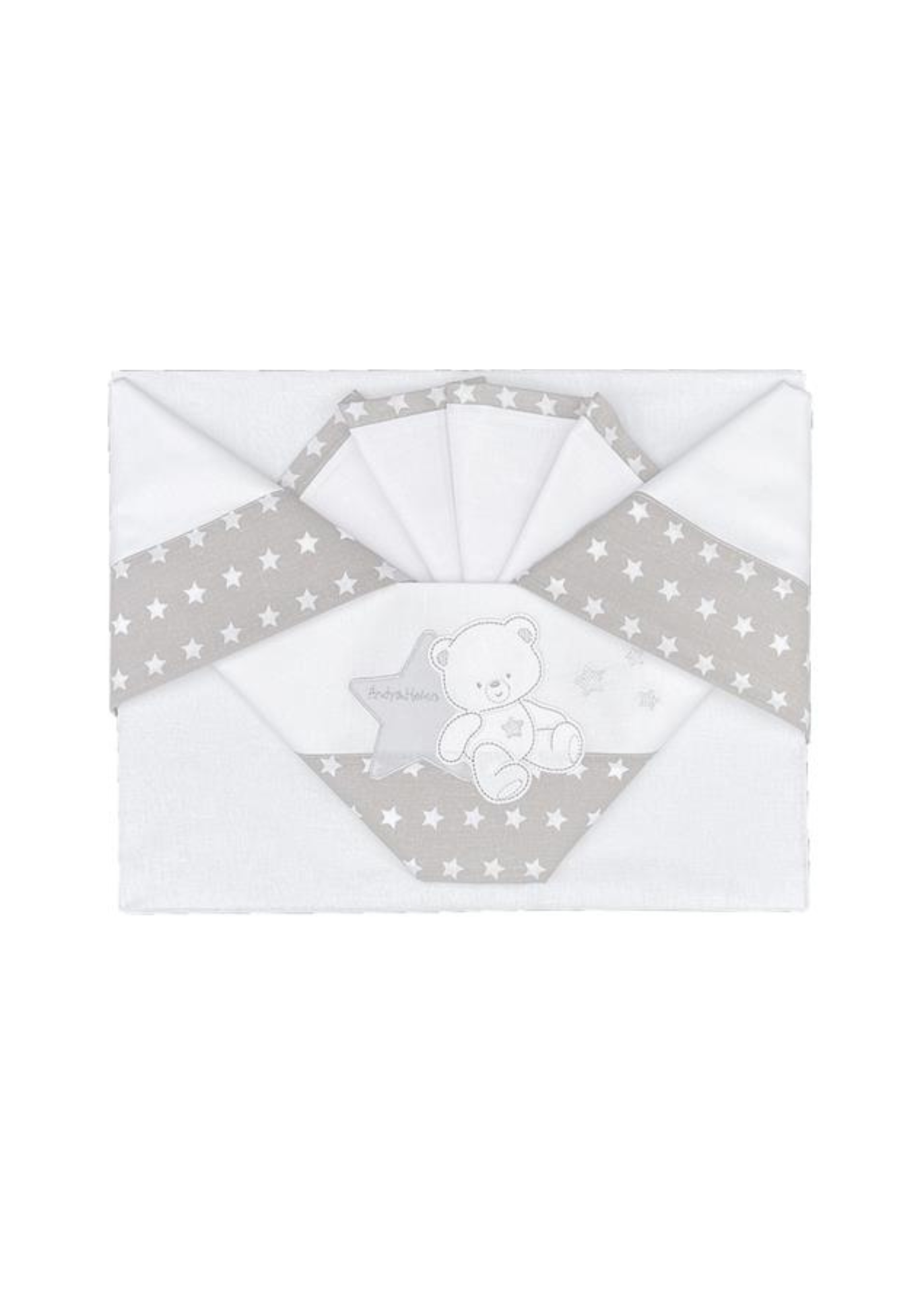 Set Lenjerie Patut 3 Piese Alb-Gri cu Ursulet si Stelute D50 Andy&Helen