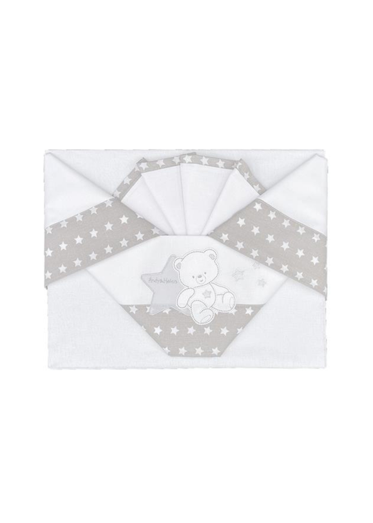 Set Lenjerie Patut 3 Piese Alb-Gri cu Ursulet si Stelute D50 Andy&Helen
