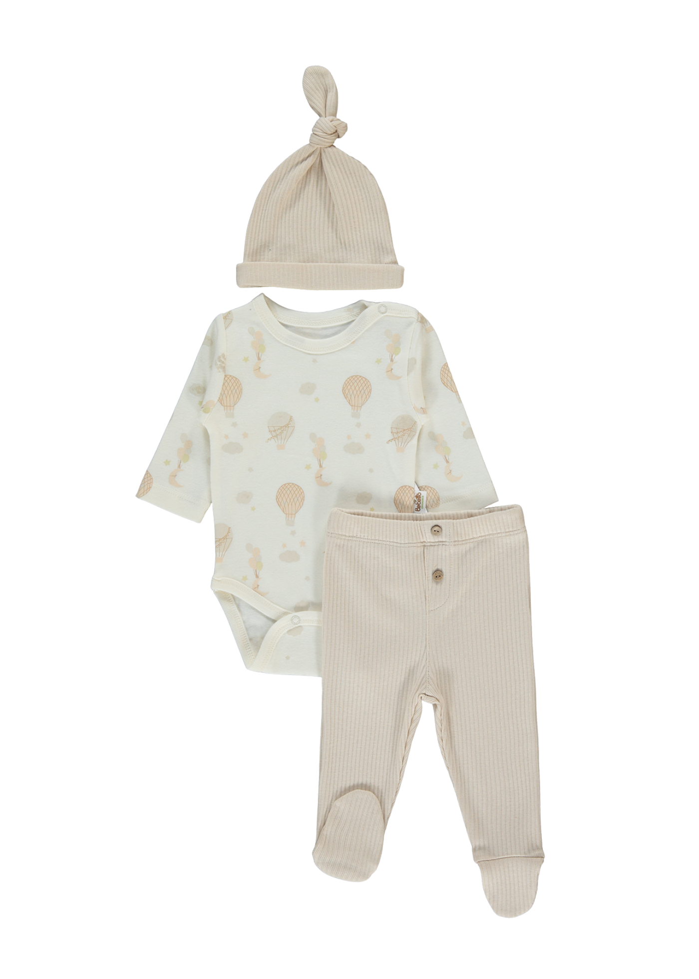 Set 3 Piese Body Crem cu Maneca Lunga Imprimeu Baloane Fes si Pantaloni Bej T4034 Bebetto