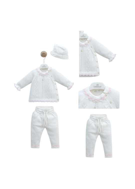 Set 3 Piese Tricotat Alb cu Roz 8553 Leo King