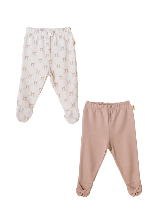 Set 2 Perechi Pantaloni Lungi cu Botosei Bumbac Organic Crem cu Funde Bej CSY8141 Baby Cosy