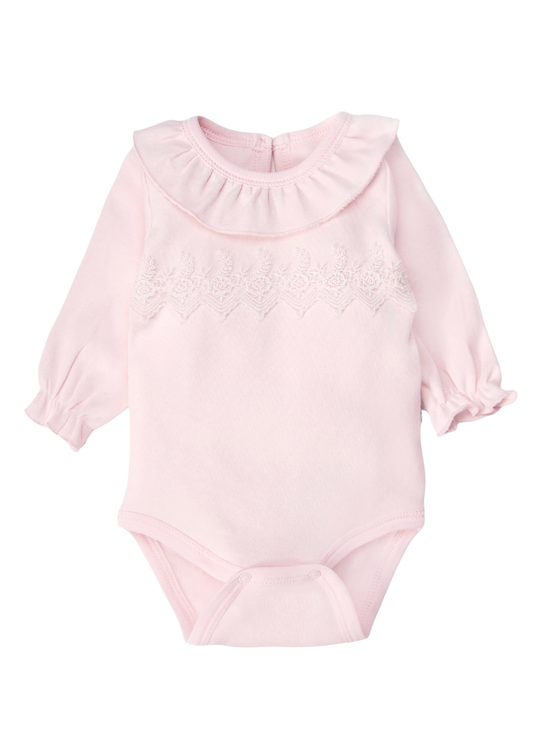 Body cu Maneca Lunga cu Guler cu Volanas si Dantela Roz T4474 – Bebetto