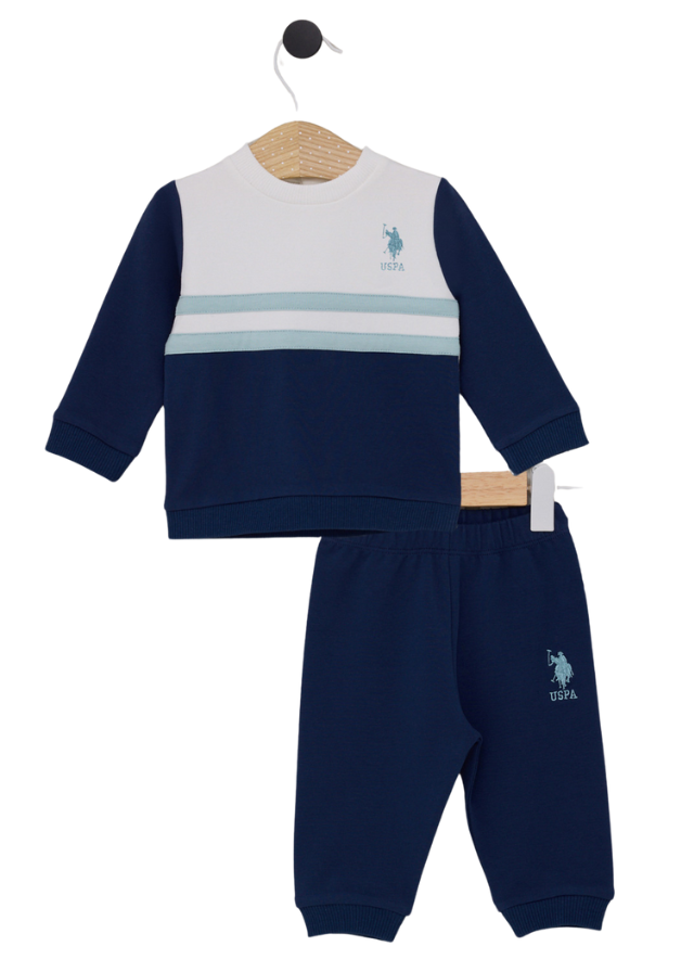 Trening 2 Piese Bluza Sport Crem cu Bleumarin si Dungi Bleu si Pantaloni Sport Bleumarin USB2092 V1 Us Polo Assn