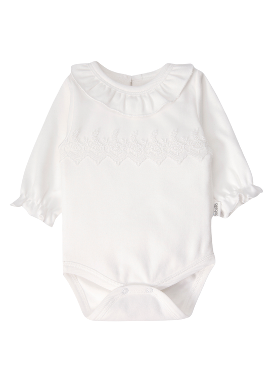 Body Bebe cu Maneca Lunga si Guler cu Volanas si Dantela Crem pentru Fetite T4474 – Bebetto