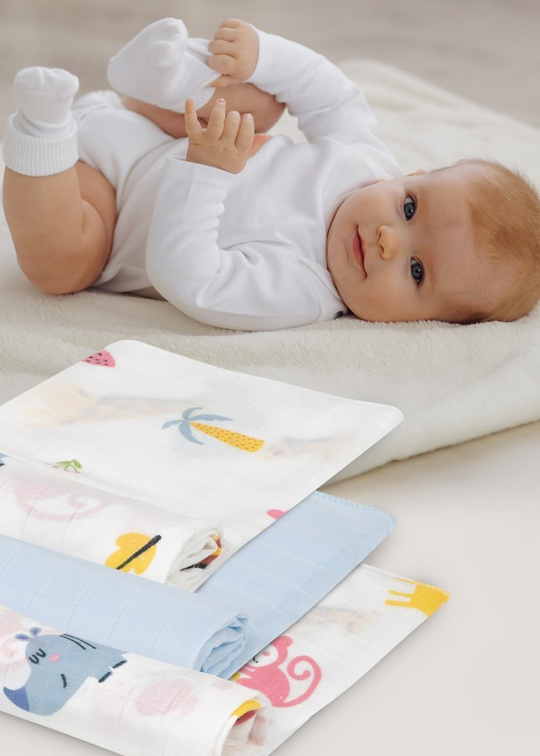 Set 3 Scutece Muselina Bambus Alb-Bleu Imprimeu Animale – 55x70 cm 98977-01 InterBaby