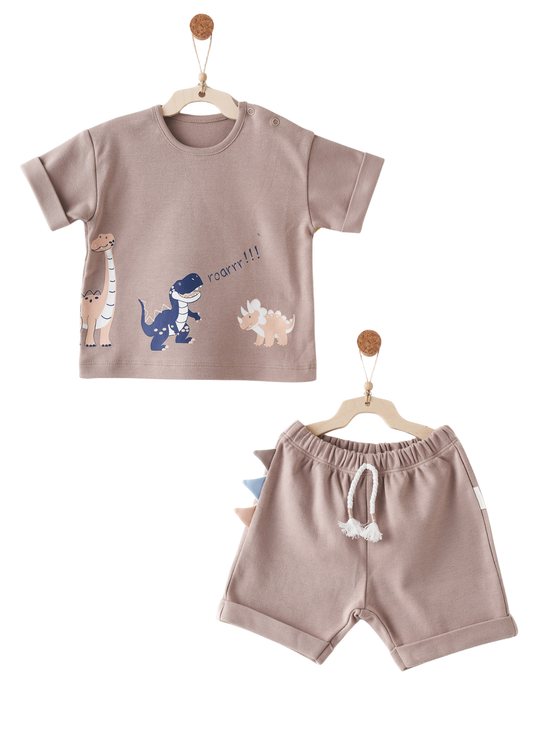 Set 2 Piese Tricou si Pantaloni Scurti Bej cu Dinozaur AC26733 Andywawa